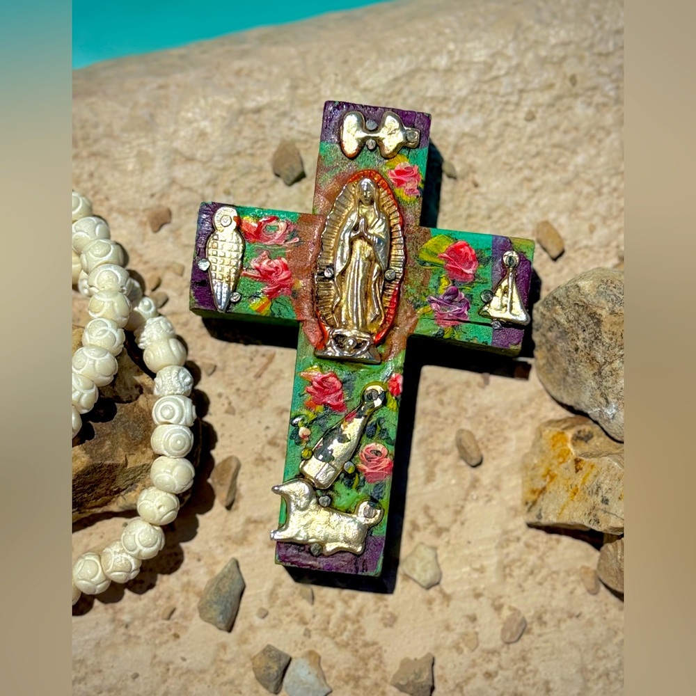 Milagros Silver Metal Charm Spanish Folk Art Painted Wood Cross-Turquoise Blue